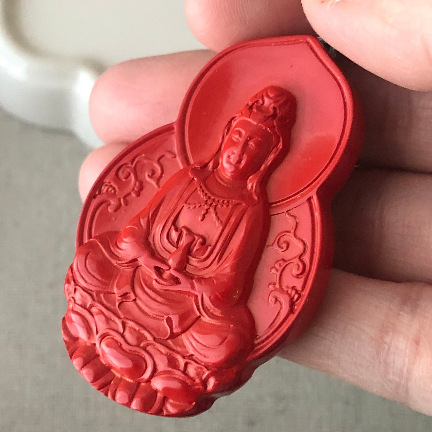 52.5 mm Cinnabar Carved Red Guanyin Pendant NOT JADE