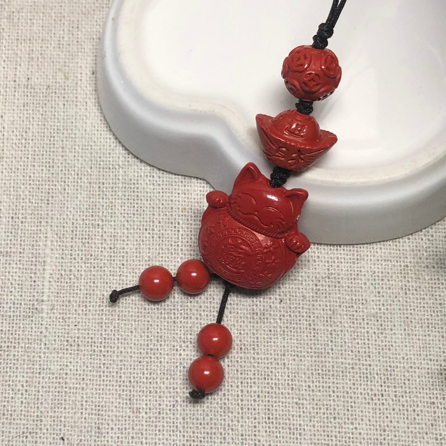 20 mm Cinnabar Carved Wealth Cat Jinbao Coin Ball Blessing Key Charm