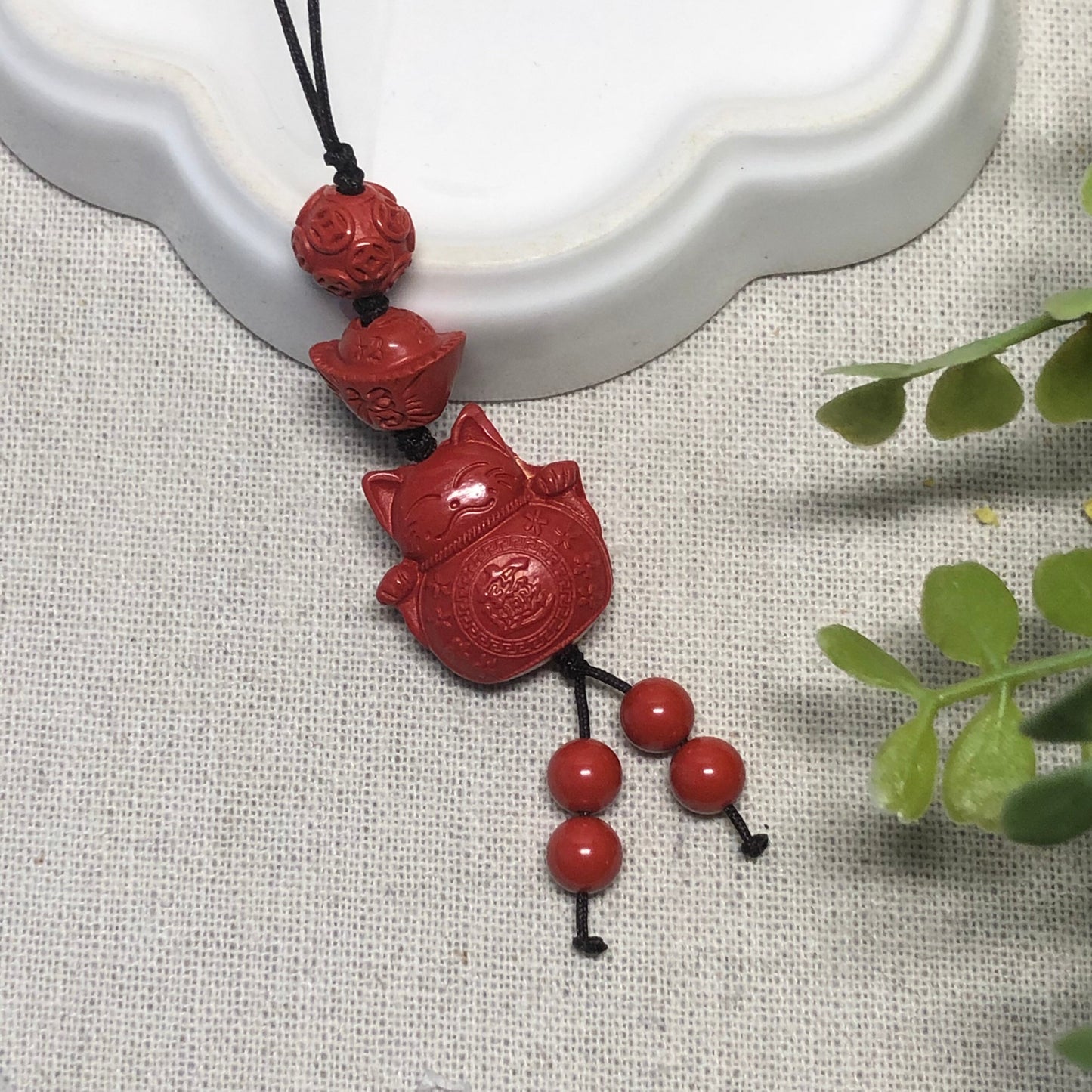 20 mm Cinnabar Carved Wealth Cat Jinbao Coin Ball Blessing Key Charm