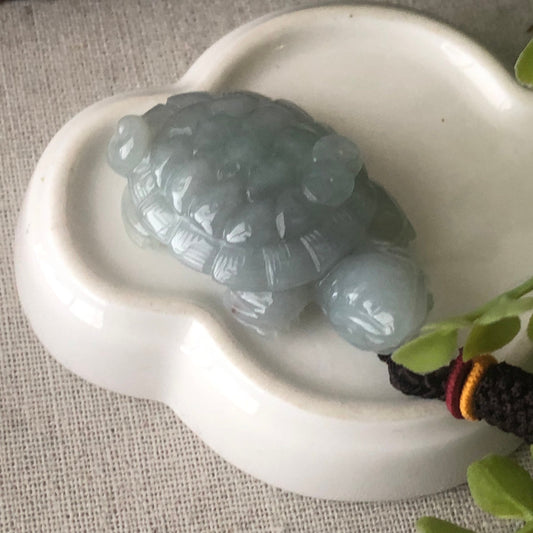 46.3mm Jadeite Jade Carved Tint Green Turtle Keychain Charm Pendant