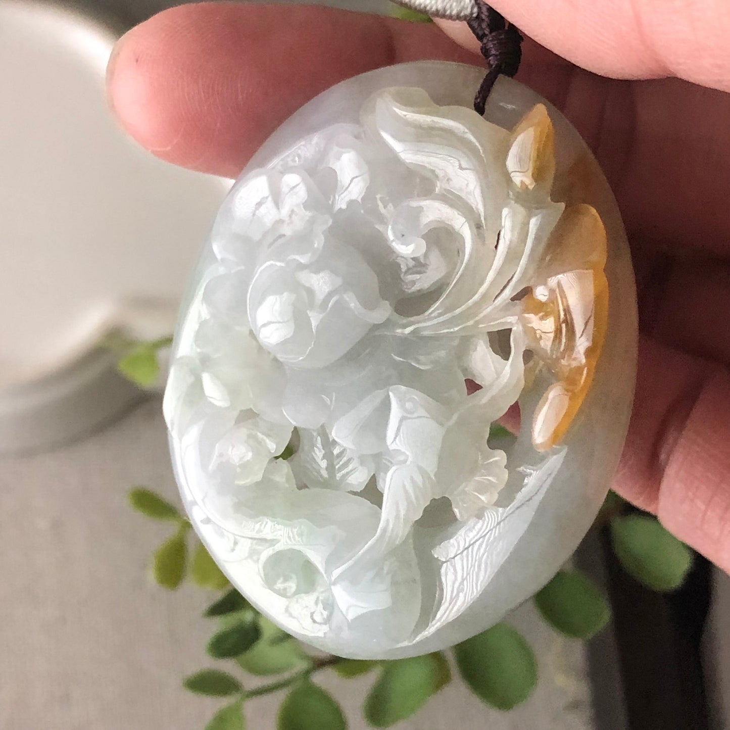 49 mm Jadeite Jade Icy Tint Green 3D Carved Flower Landscape Scenery Pendant