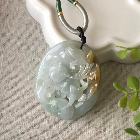 49 mm Jadeite Jade Icy Tint Green 3D Carved Flower Landscape Scenery Pendant