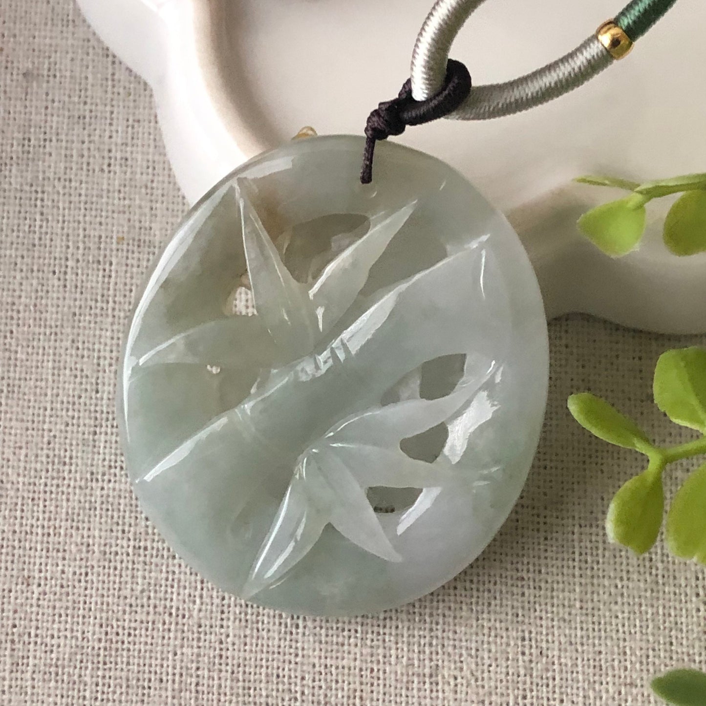 49 mm Jadeite Jade Icy Tint Green 3D Carved Flower Landscape Scenery Pendant