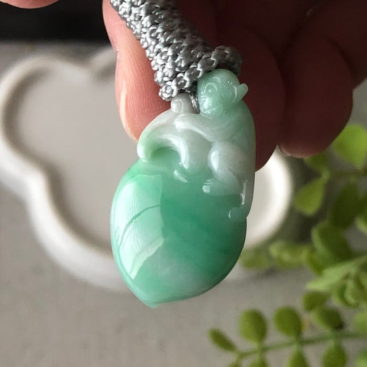 31.8mm Jadeite Jade Carved Green Monkey Peach Keychain Charm Pendant