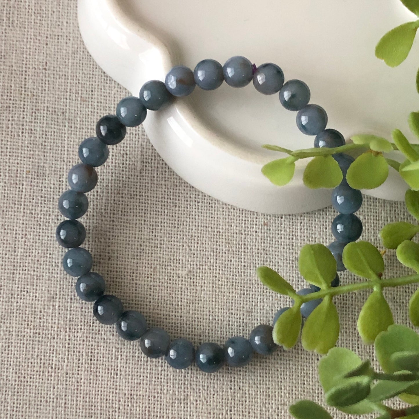 RARE: 6mm Blue Red Float Flowers Jade Jadeite Round Bead Bracelet