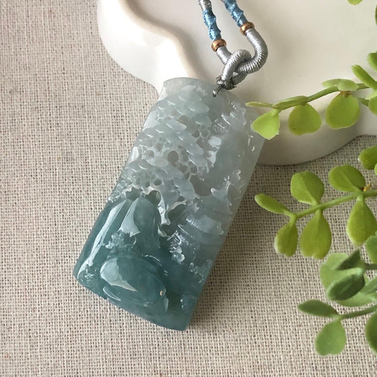 54.6 mm Blue Green Jadeite Jade Carved Landscape Trees Pendant