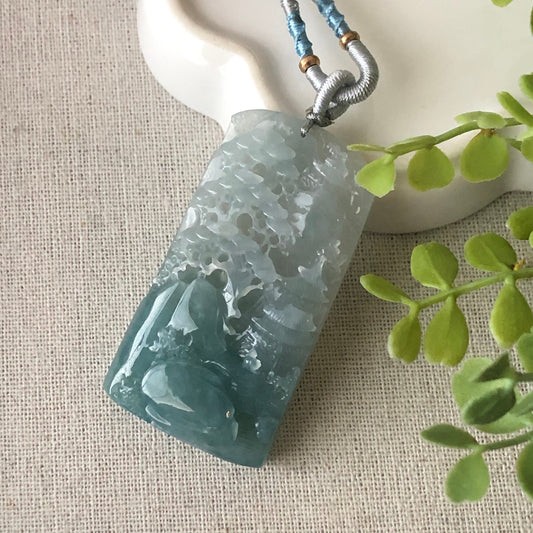 54.6 mm Blue Green Jadeite Jade Carved Landscape Trees Pendant