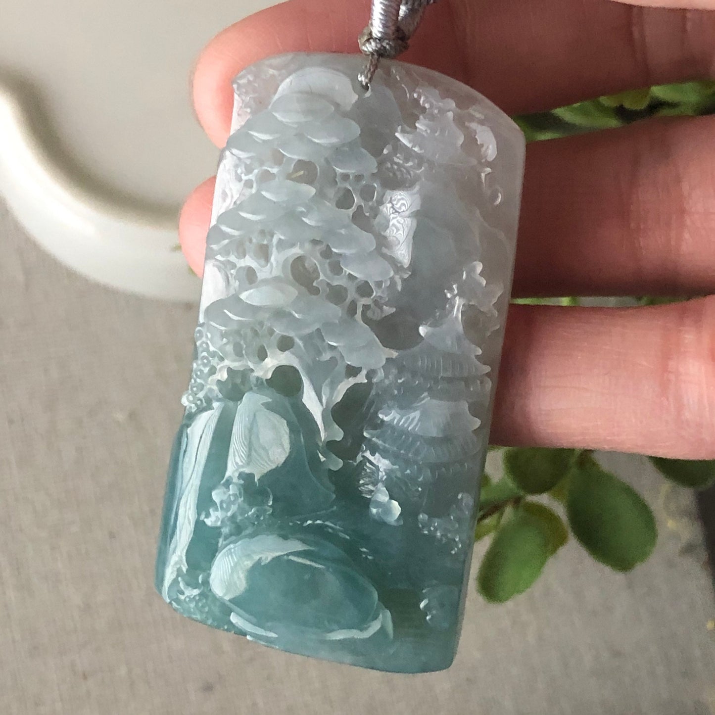 54.6 mm Blue Green Jadeite Jade Carved Landscape Trees Pendant