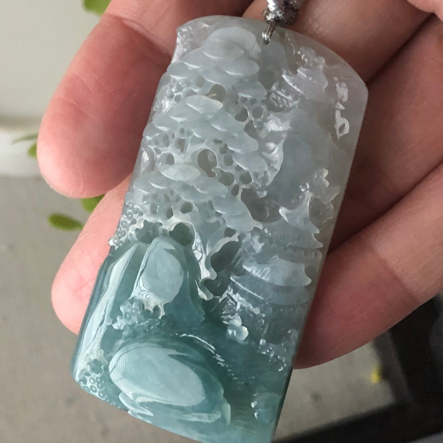 54.6 mm Blue Green Jadeite Jade Carved Landscape Trees Pendant