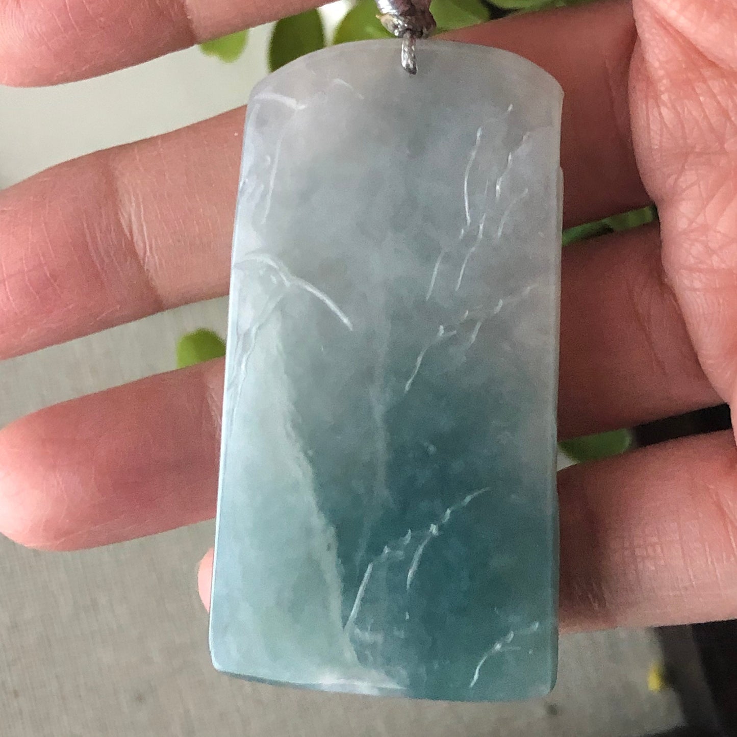 54.6 mm Blue Green Jadeite Jade Carved Landscape Trees Pendant
