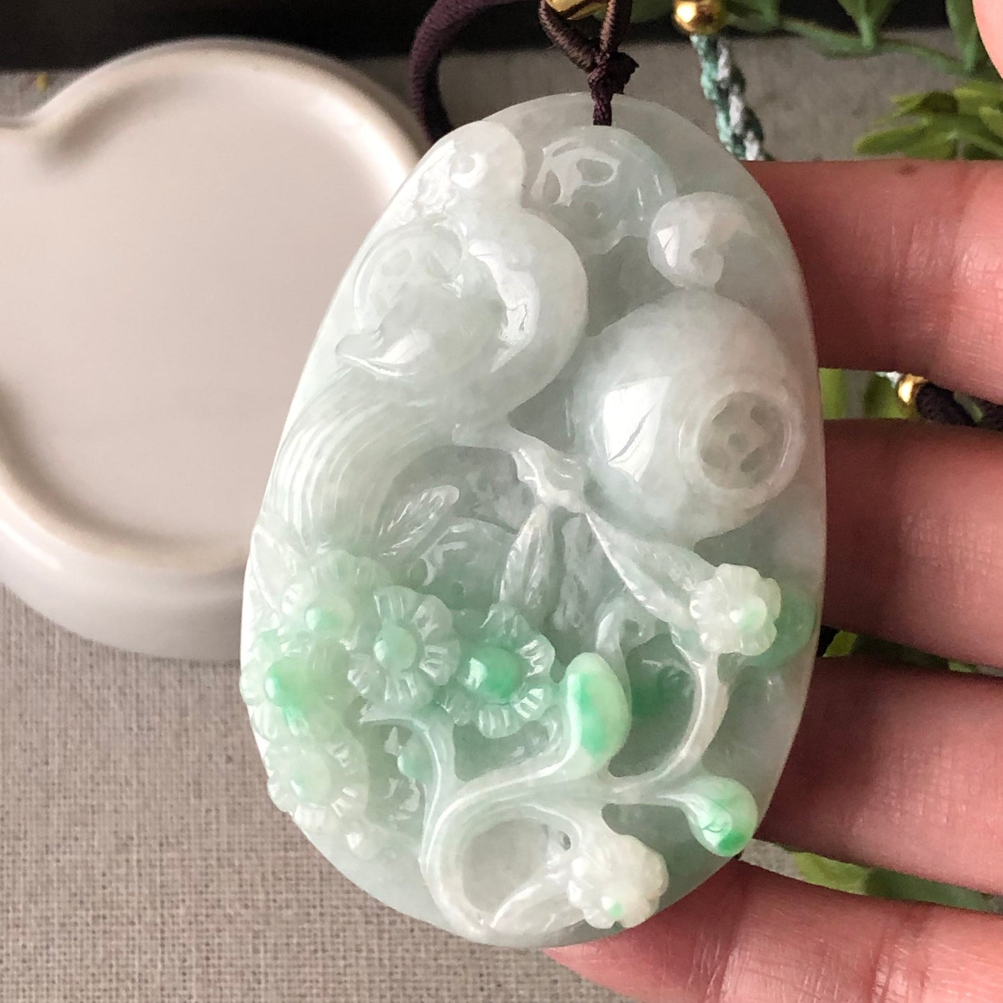 46.6 mm Green Jadeite Jade Carved Bird  Flower Scenery Pendant