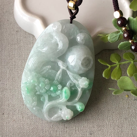 46.6 mm Green Jadeite Jade Carved Bird  Flower Scenery Pendant