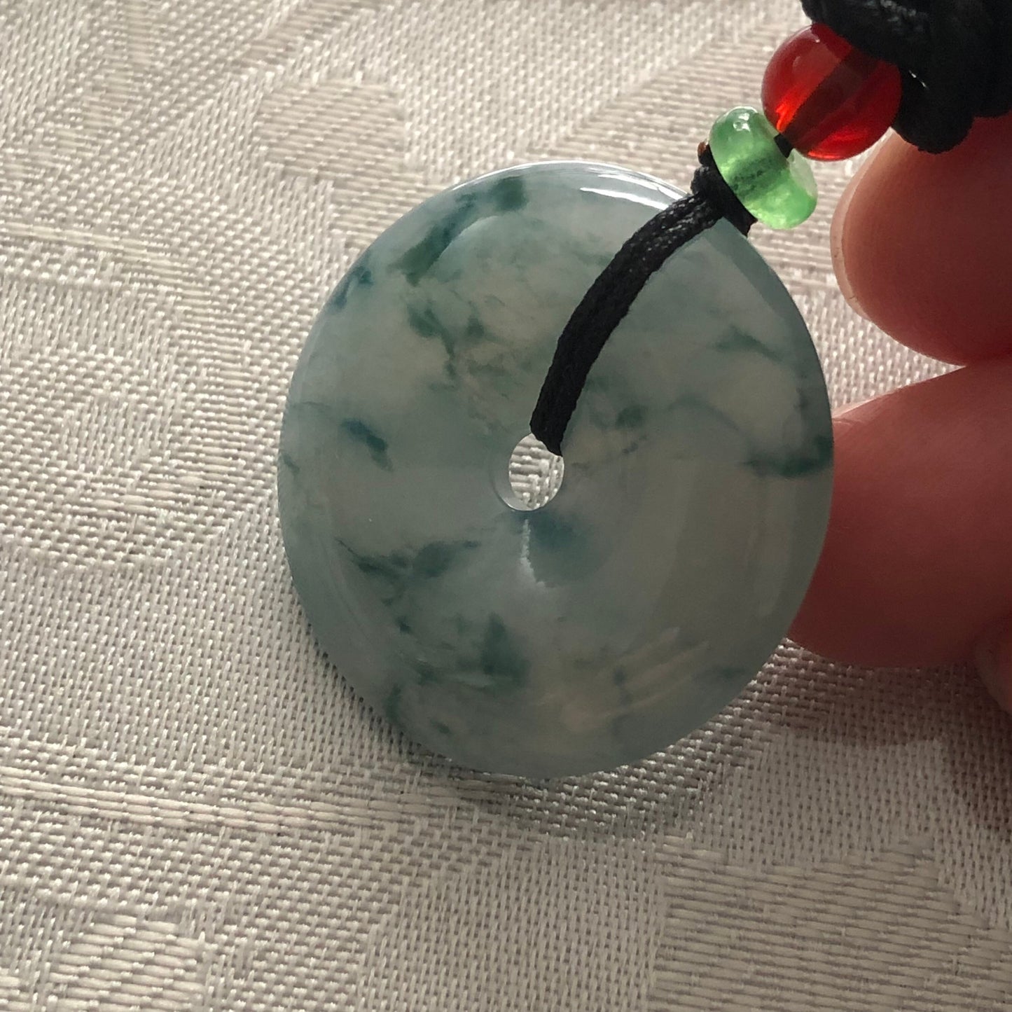 28mm Blue Green Float Flowers Jadeite Jade Peace Donut Pendant