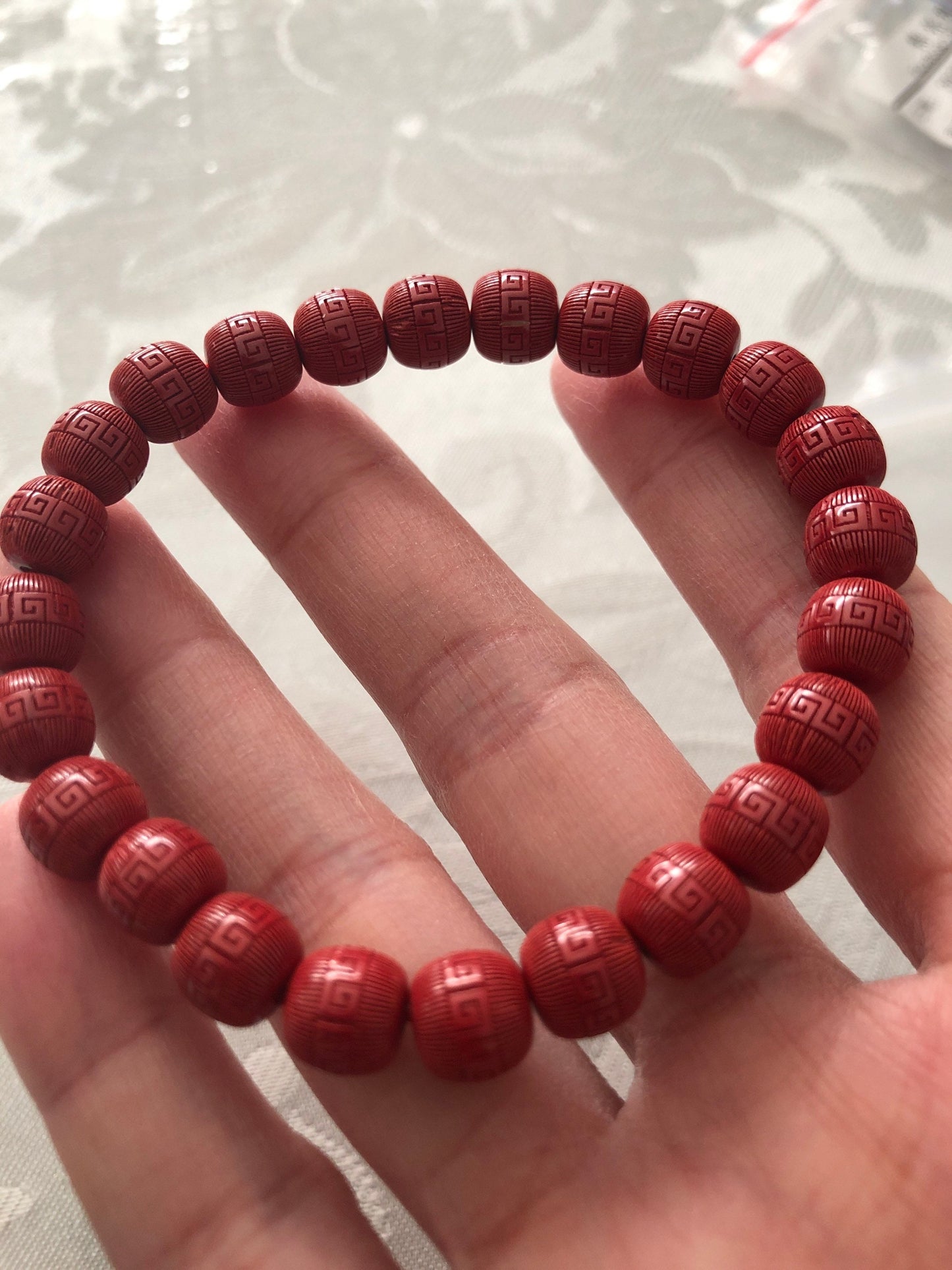 8.1 mm Cinnabar Apple Shape Bead Bracelet with Carved Pattern