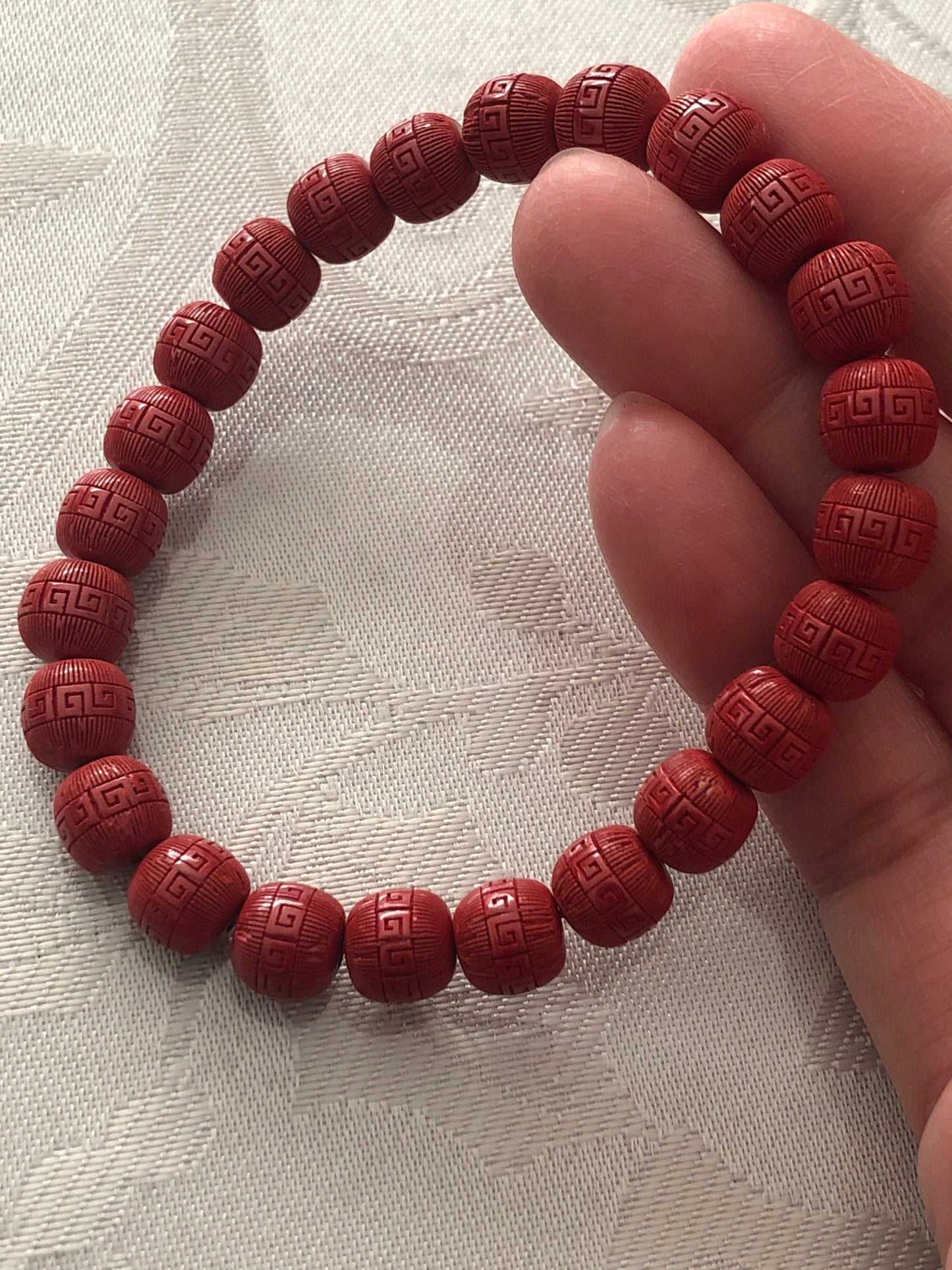 8.1 mm Cinnabar Apple Shape Bead Bracelet with Carved Pattern