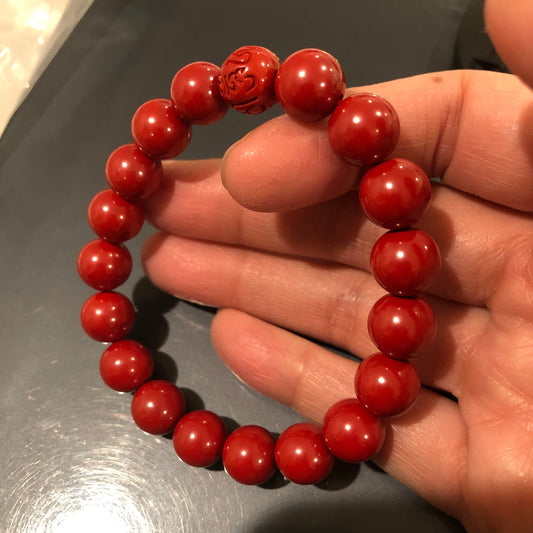 10 mm Cinnabar Round Shape Bead Bracelet with Six Word Blessing Bead