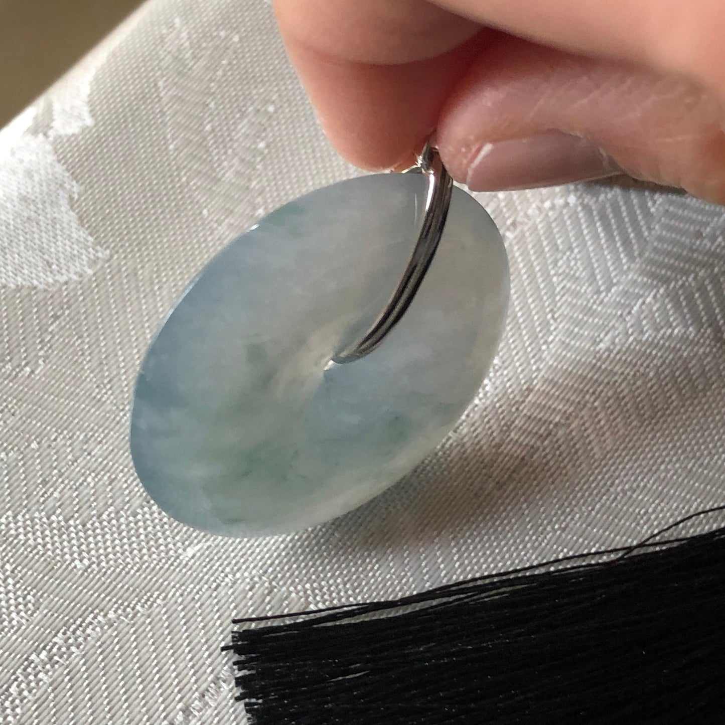 35 mm Icy Blue Green Floating Flowers Jadeite Jade Peace Donut Pendant