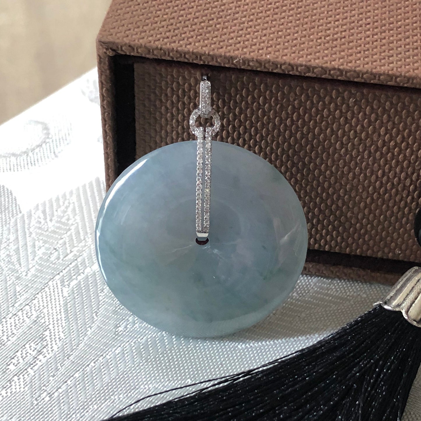 35 mm Icy Blue Green Floating Flowers Jadeite Jade Peace Donut Pendant