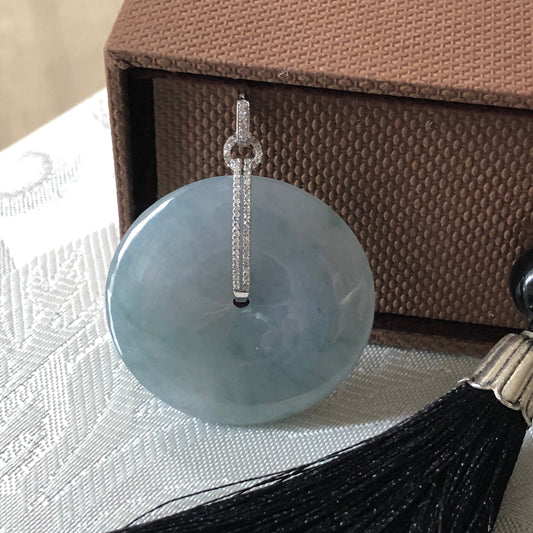 35 mm Icy Blue Green Floating Flowers Jadeite Jade Peace Donut Pendant