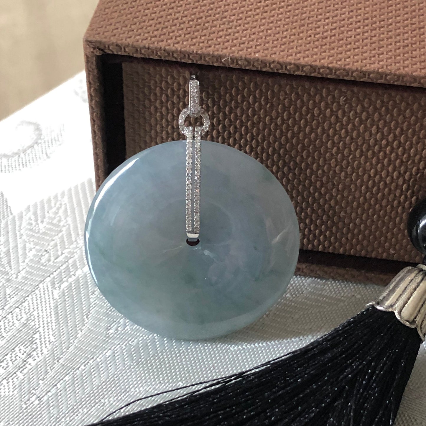 35 mm Icy Blue Green Floating Flowers Jadeite Jade Peace Donut Pendant