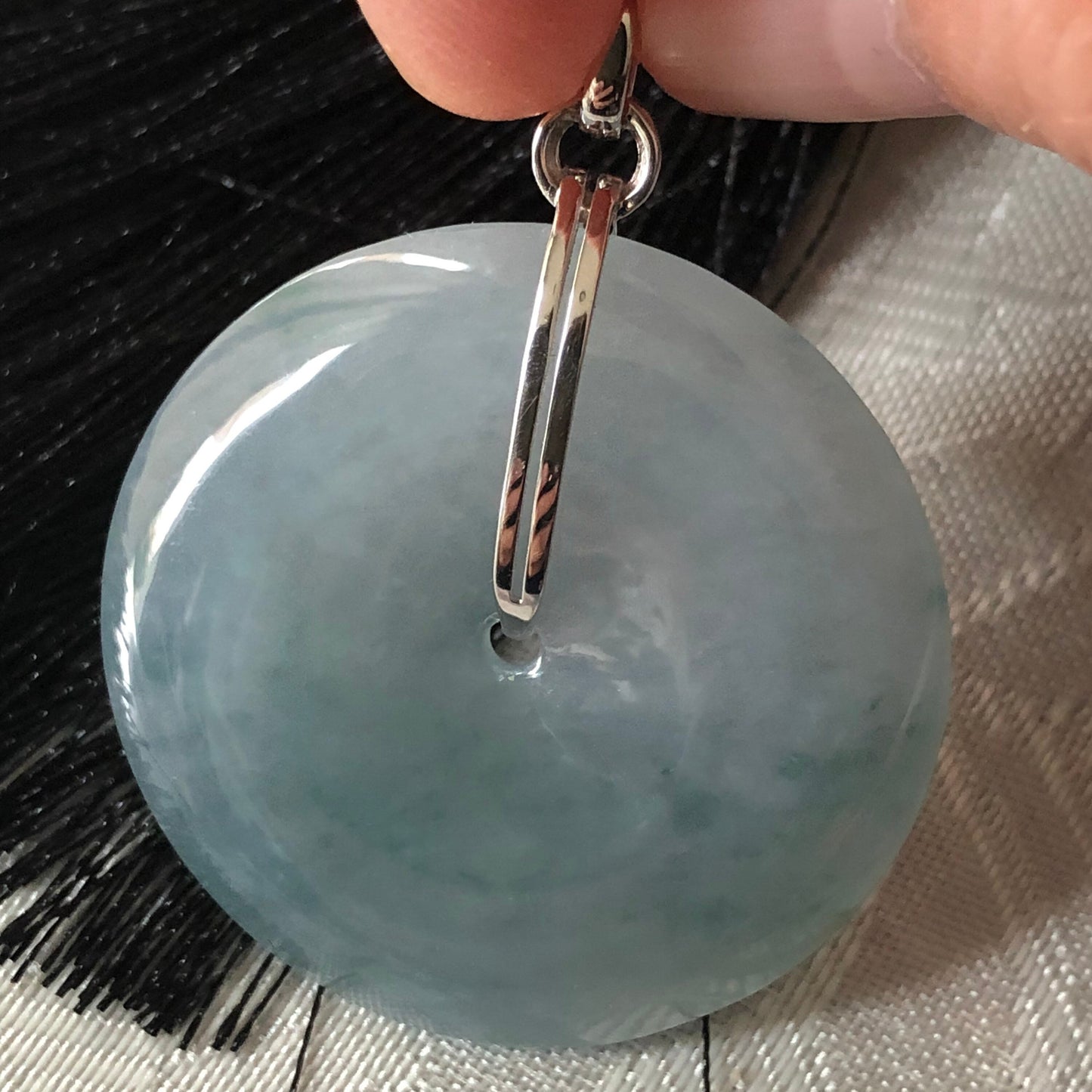 35 mm Icy Blue Green Floating Flowers Jadeite Jade Peace Donut Pendant