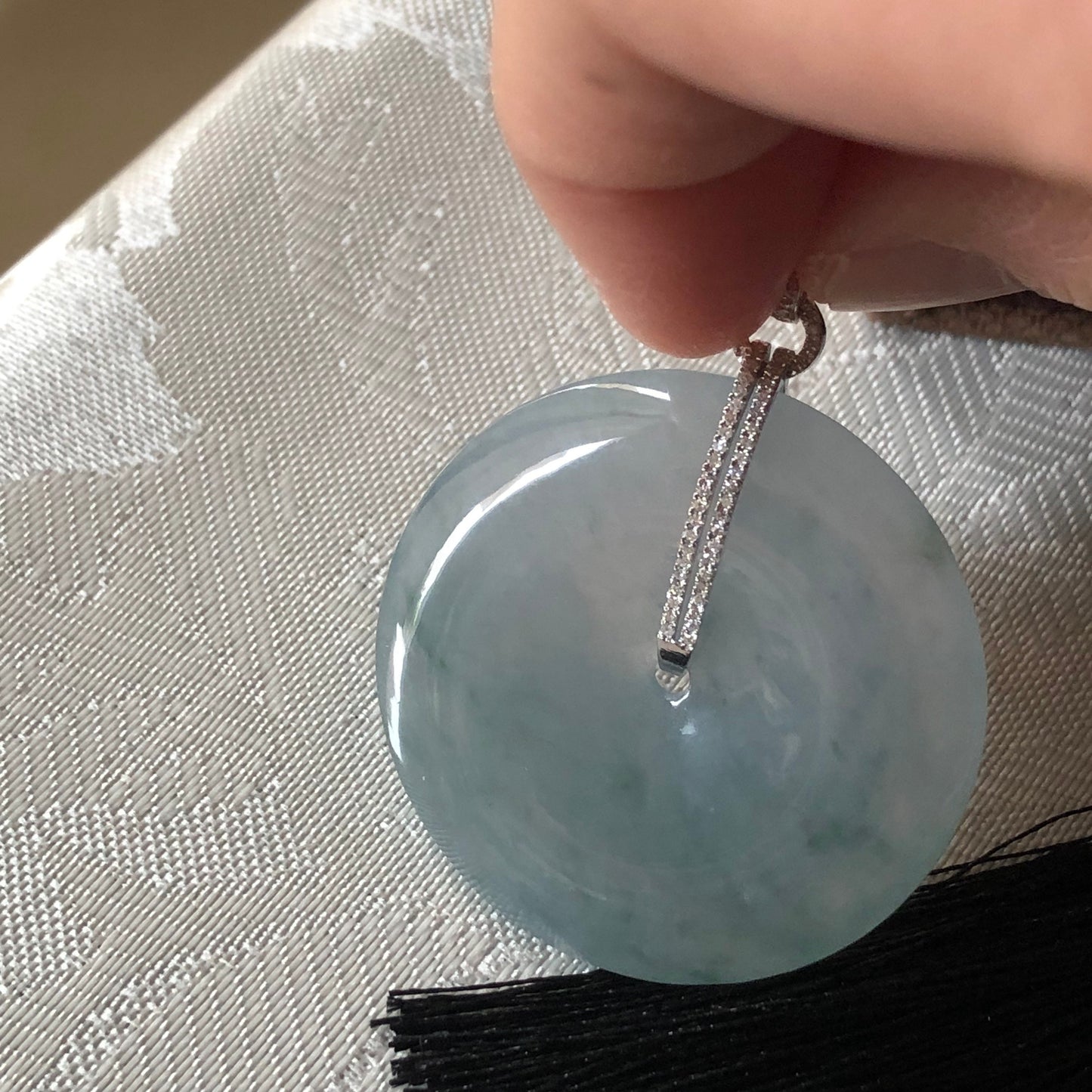 35 mm Icy Blue Green Floating Flowers Jadeite Jade Peace Donut Pendant