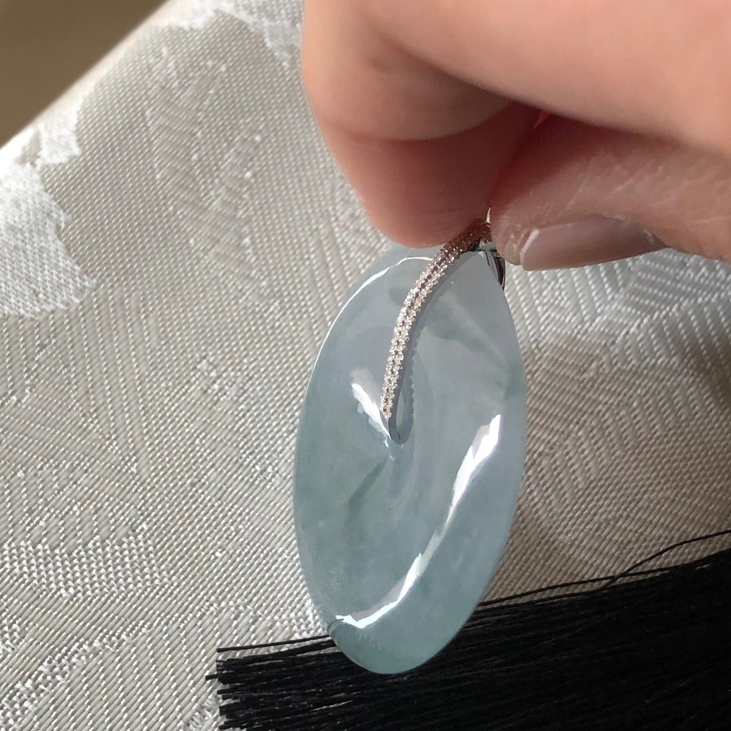 35 mm Icy Blue Green Floating Flowers Jadeite Jade Peace Donut Pendant