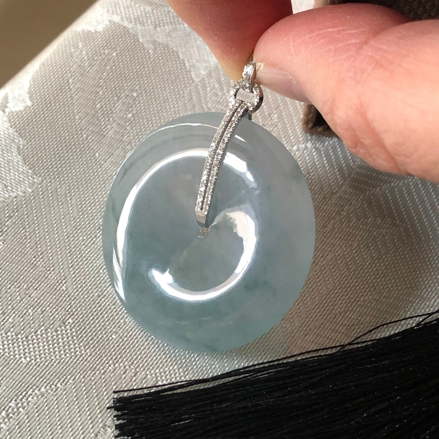 35 mm Icy Blue Green Floating Flowers Jadeite Jade Peace Donut Pendant