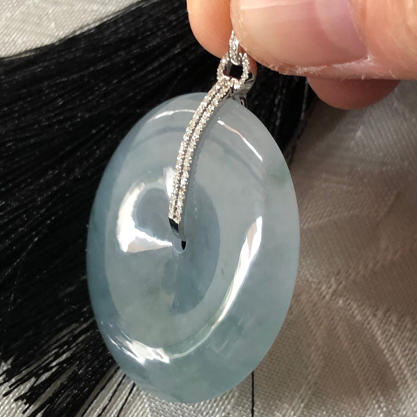 35 mm Icy Blue Green Floating Flowers Jadeite Jade Peace Donut Pendant