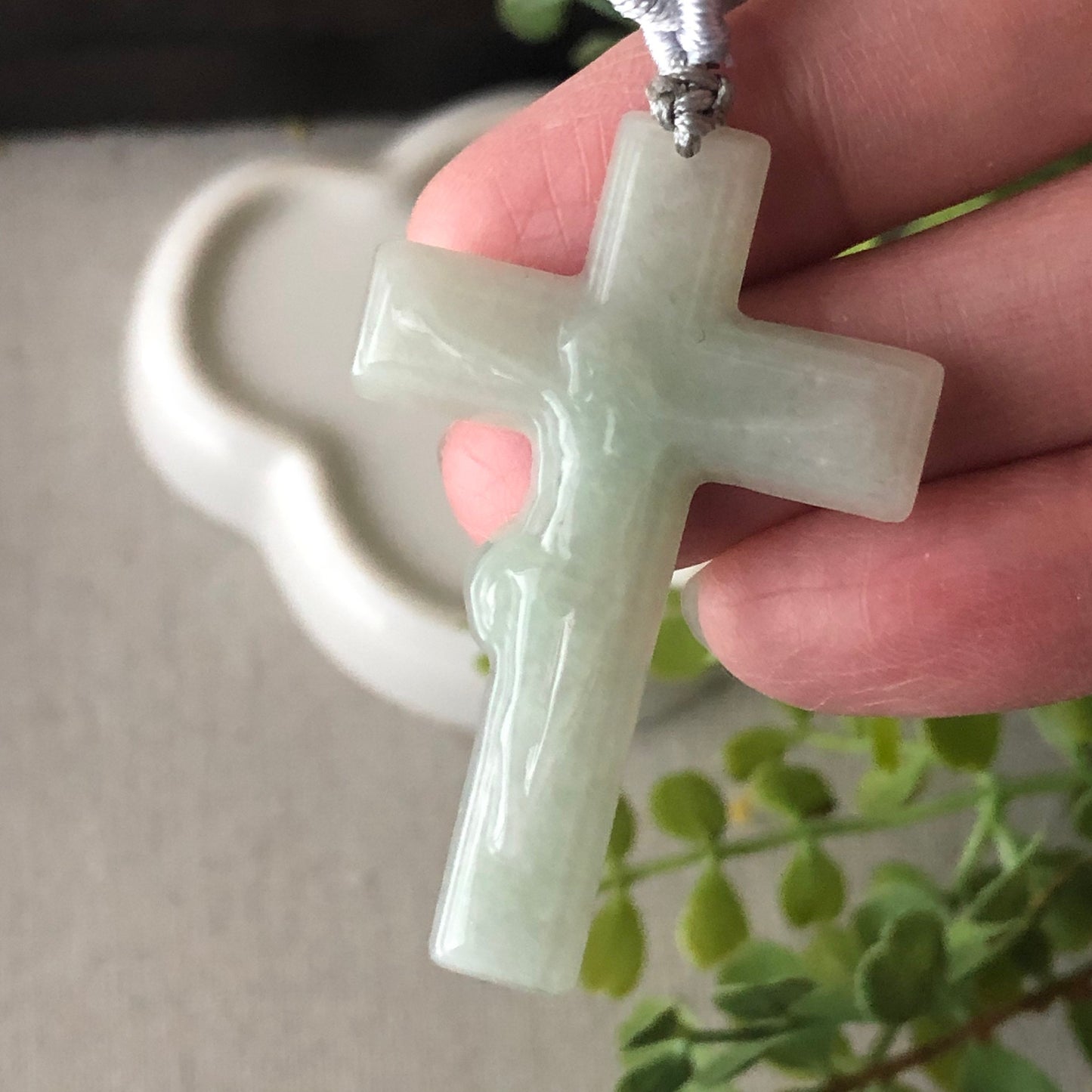 47.8 mm Tint Green Jadeite Jade Carved Cross Jesus Pendant