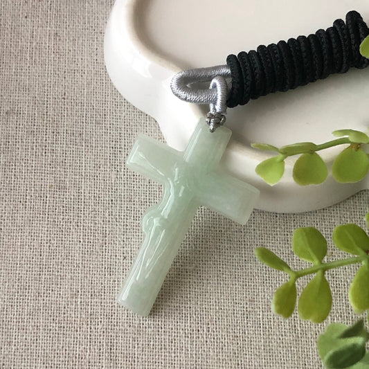47.8 mm Tint Green Jadeite Jade Carved Cross Jesus Pendant