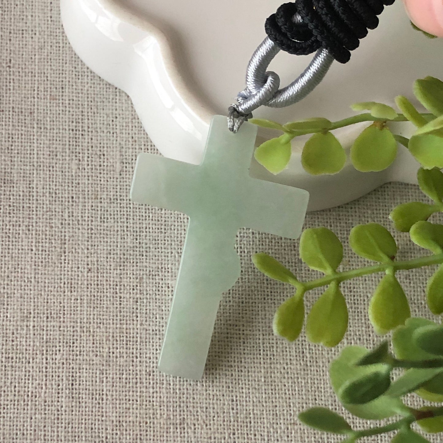 47.8 mm Tint Green Jadeite Jade Carved Cross Jesus Pendant