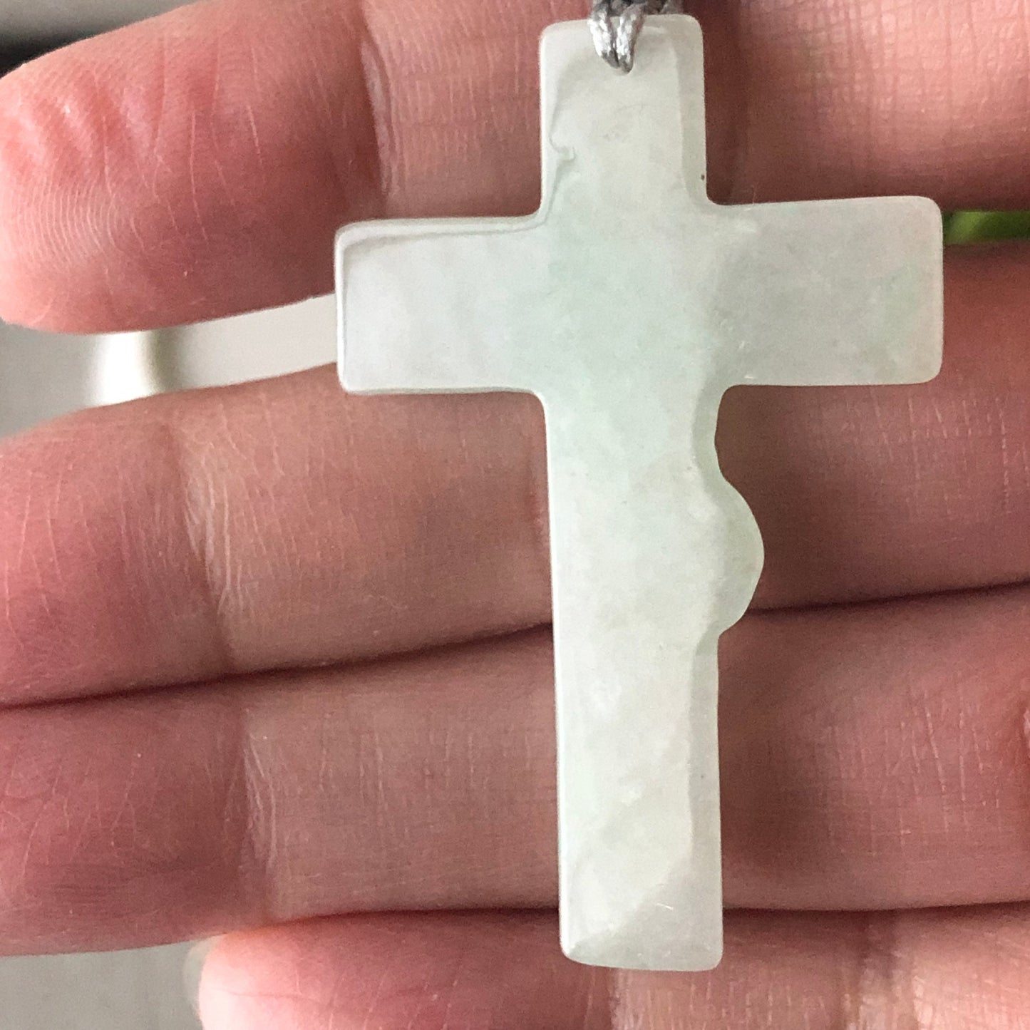 47.8 mm Tint Green Jadeite Jade Carved Cross Jesus Pendant