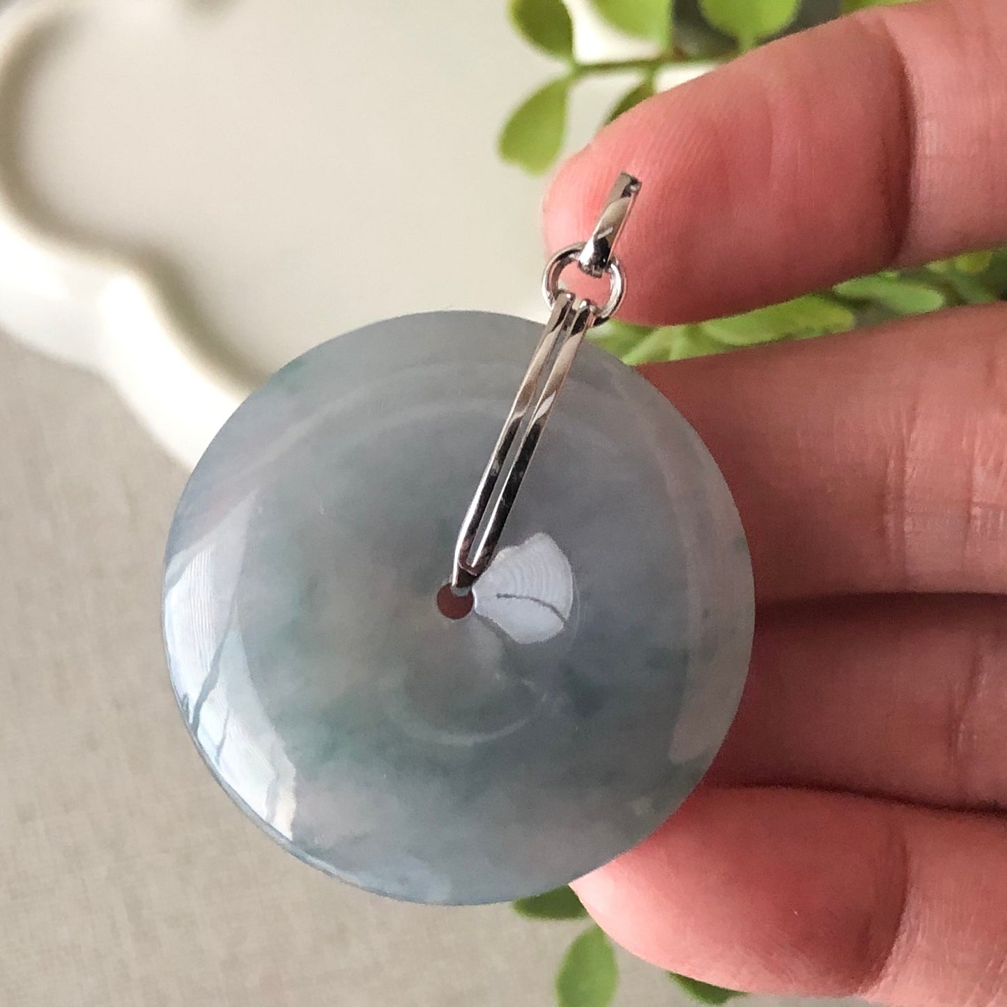 31.8 mm Icy Blue Green Floating Flowers Jadeite Jade Peace Donut Pendant