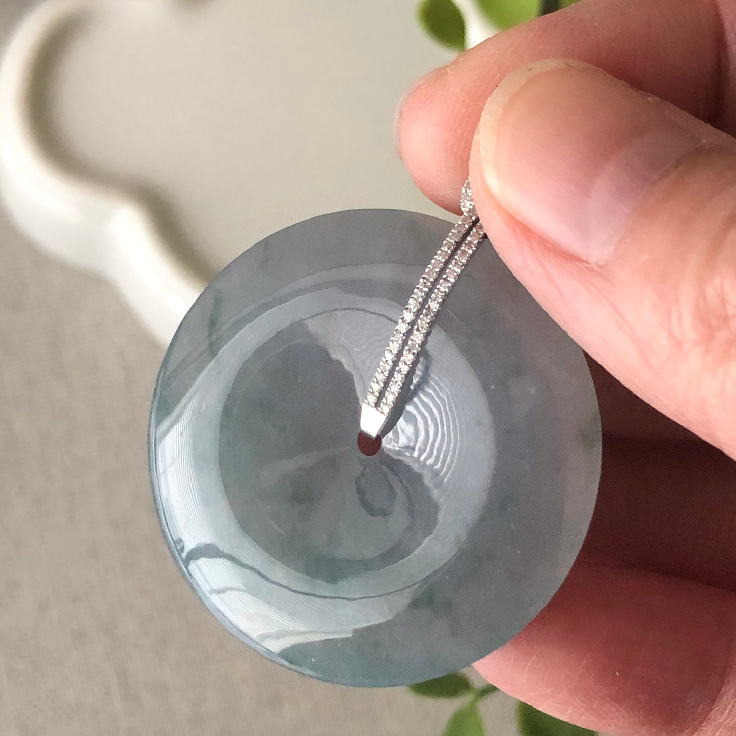 31.8 mm Icy Blue Green Floating Flowers Jadeite Jade Peace Donut Pendant