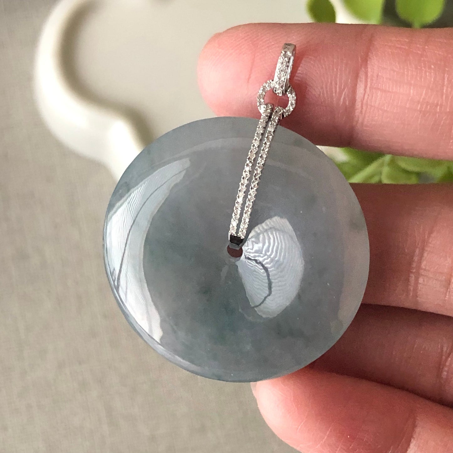 31.8 mm Icy Blue Green Floating Flowers Jadeite Jade Peace Donut Pendant