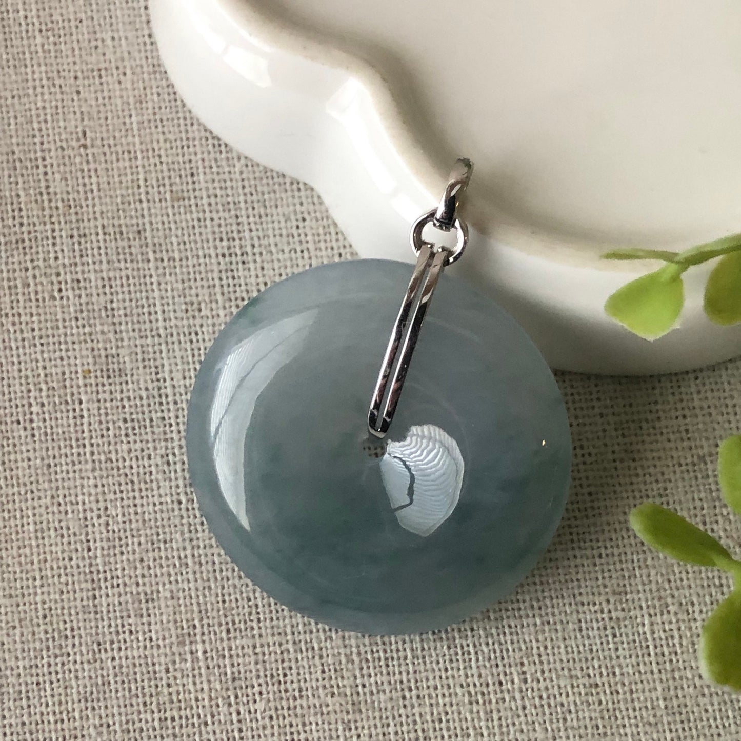 31.8 mm Icy Blue Green Floating Flowers Jadeite Jade Peace Donut Pendant