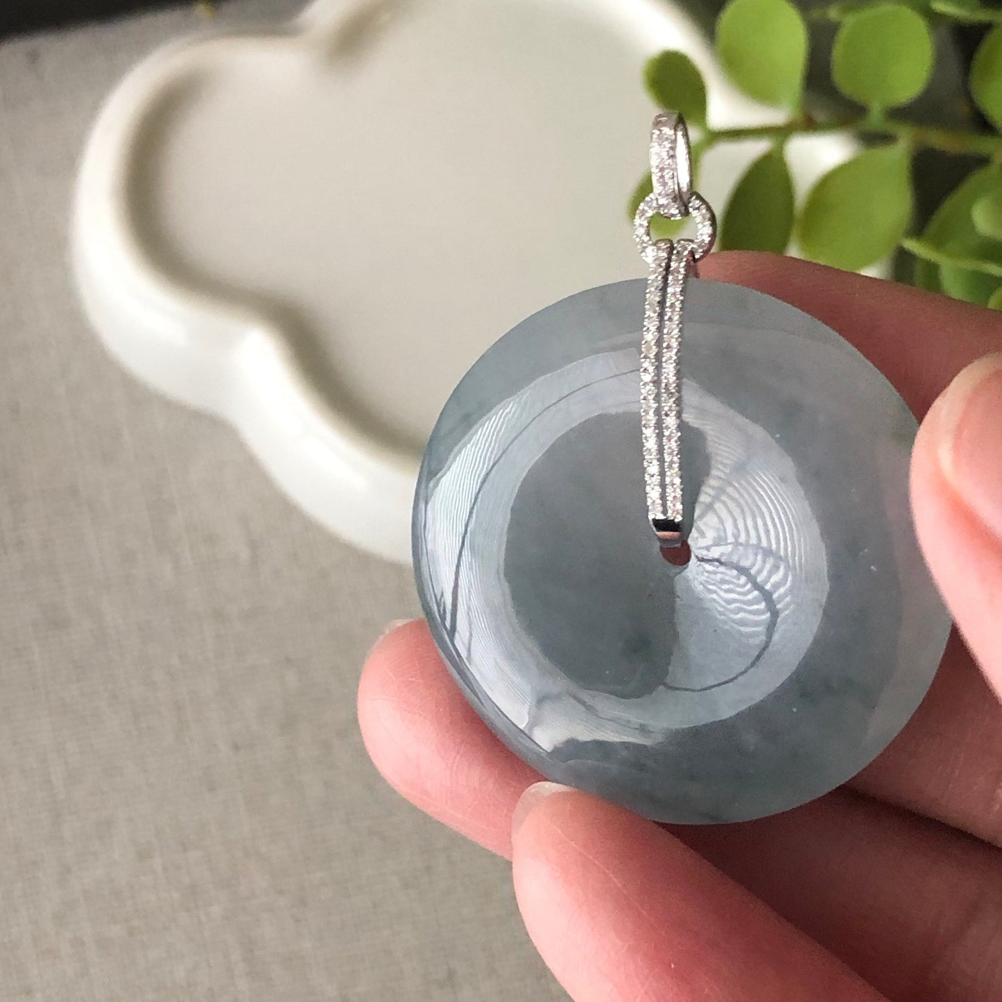 31.8 mm Icy Blue Green Floating Flowers Jadeite Jade Peace Donut Pendant