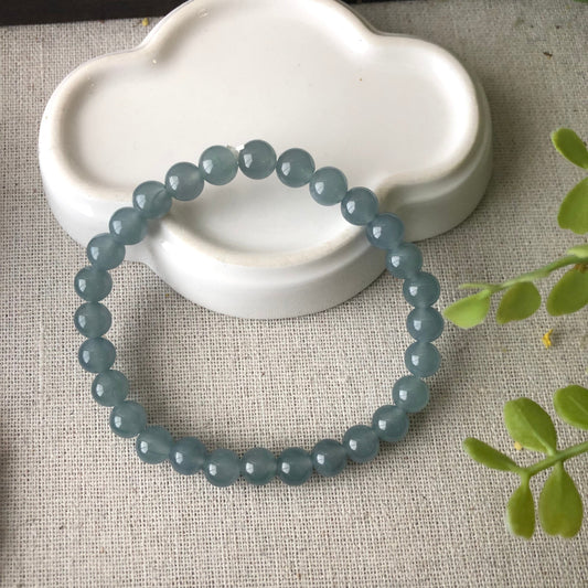 6.8 mm Jadeite Jade Icy Blue Green Glossy Bead Bracelet