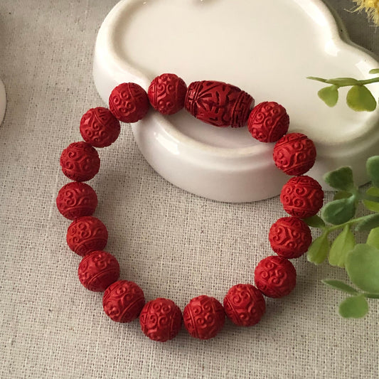 11 mm Cinnabar Round Shape Bead Bracelet with Carved Pattern
