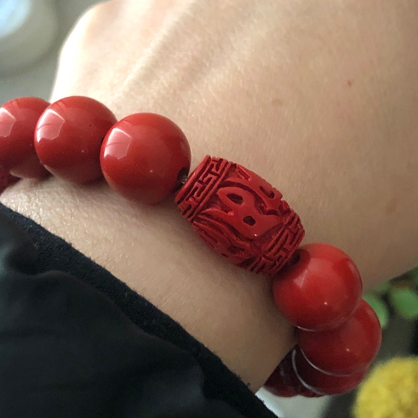 12 mm Cinnabar Round Shape Bead Bracelet with Carved Pattern