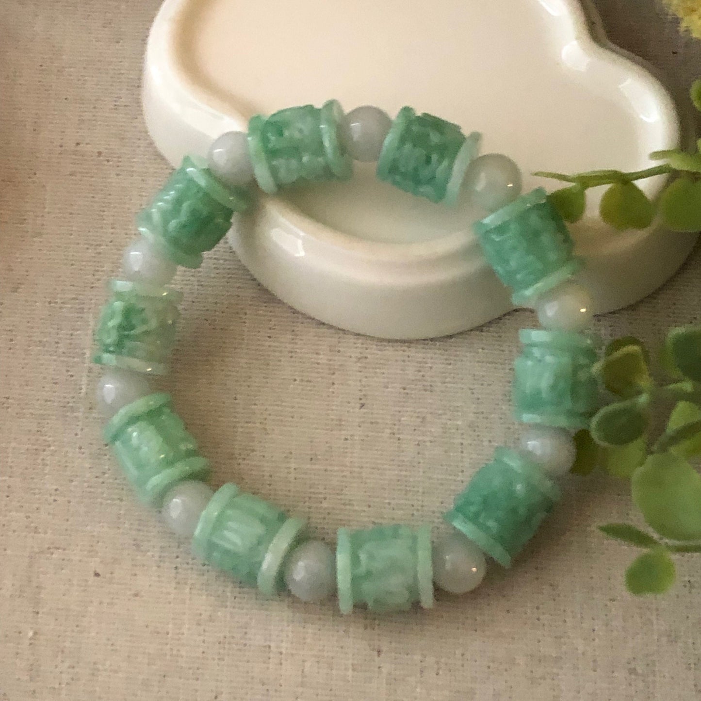 11x12.8mm Jadeite Jade Earthy Green Carved Six Word Blessing Bead Bracelet