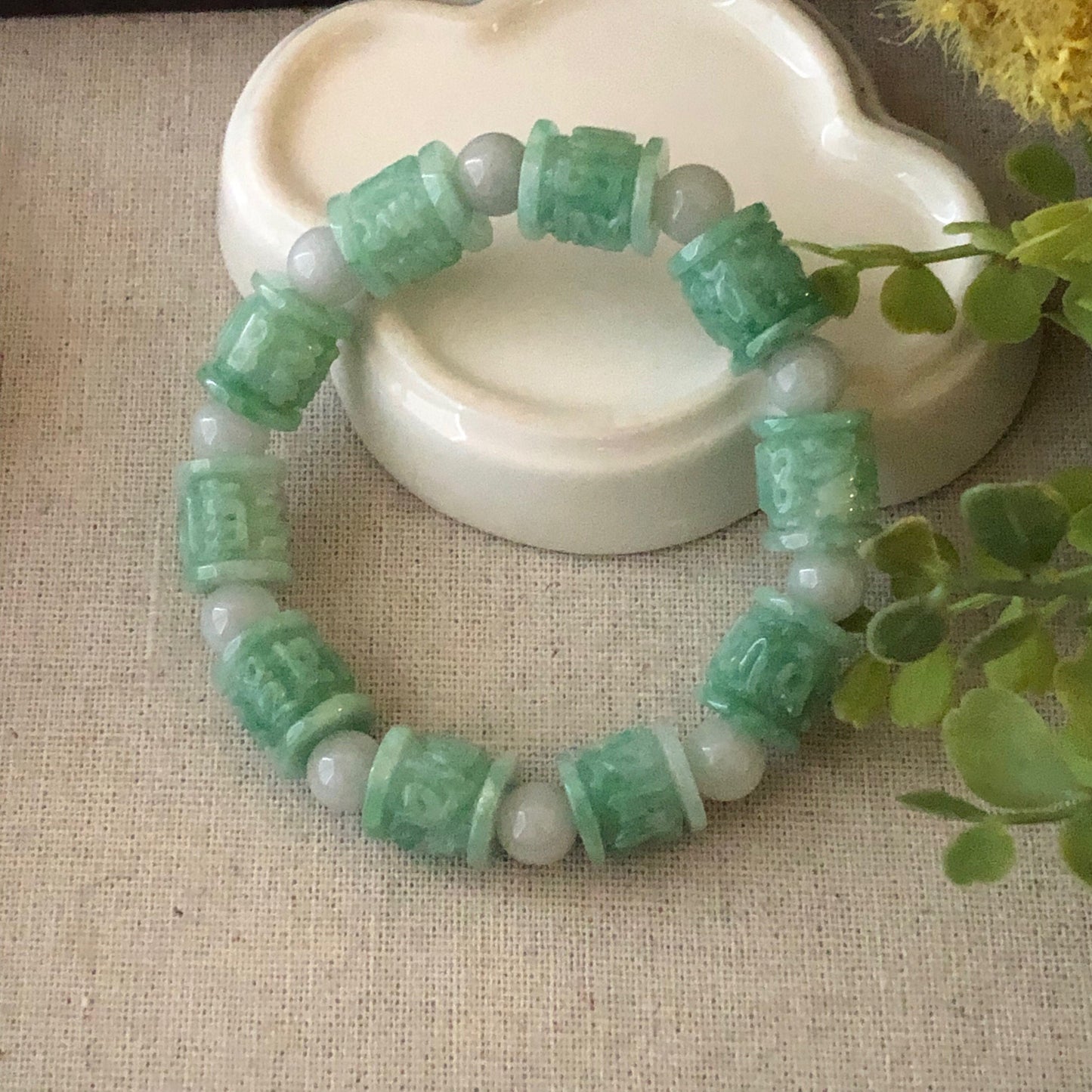 11x12.8mm Jadeite Jade Earthy Green Carved Six Word Blessing Bead Bracelet