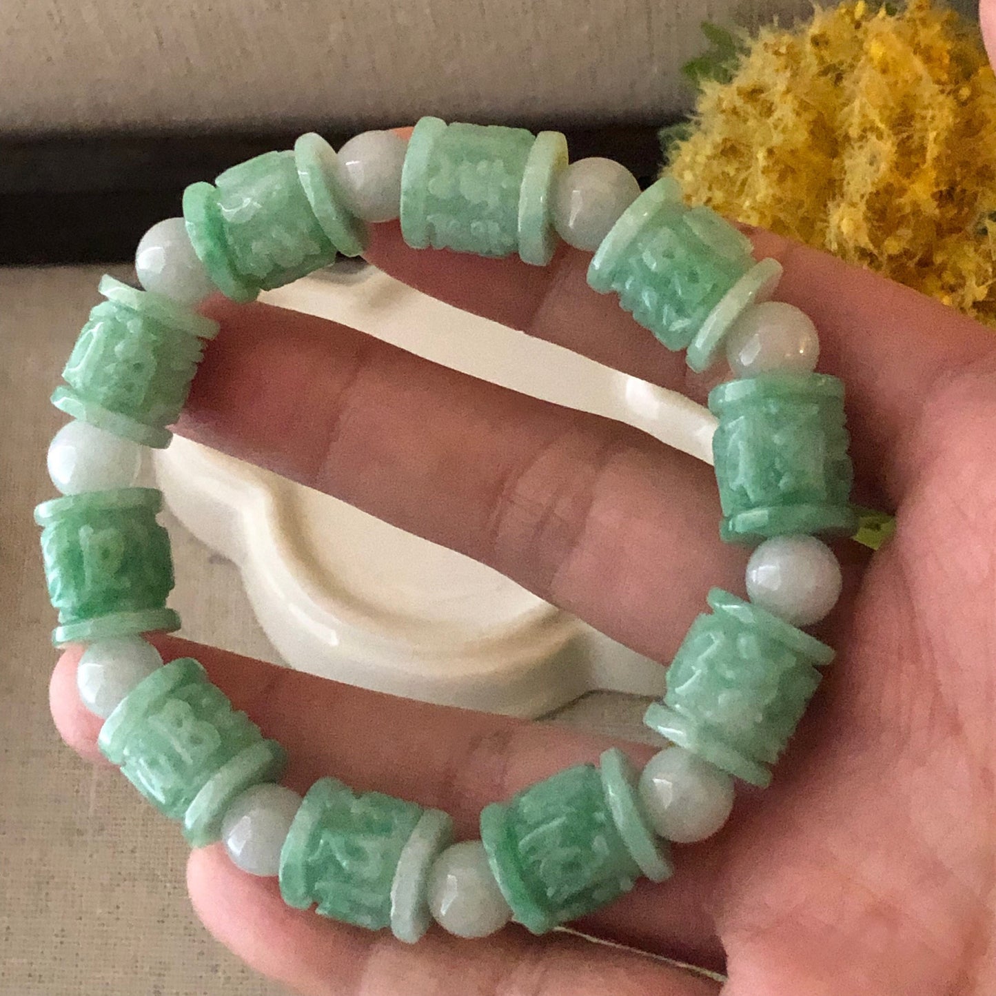 11x12.8mm Jadeite Jade Earthy Green Carved Six Word Blessing Bead Bracelet