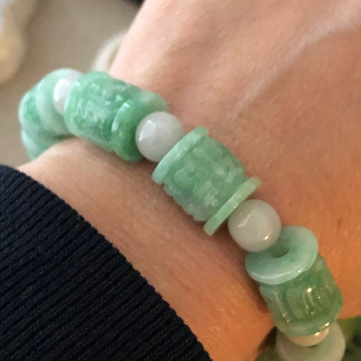 11x12.8mm Jadeite Jade Earthy Green Carved Six Word Blessing Bead Bracelet