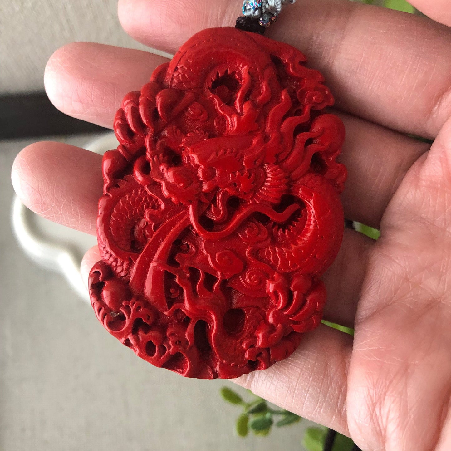 58 mm Cinnabar Double Sided Carved Red Dragon Pendant NOT JADE