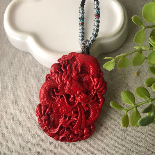 58 mm Cinnabar Double Sided Carved Red Dragon Pendant NOT JADE