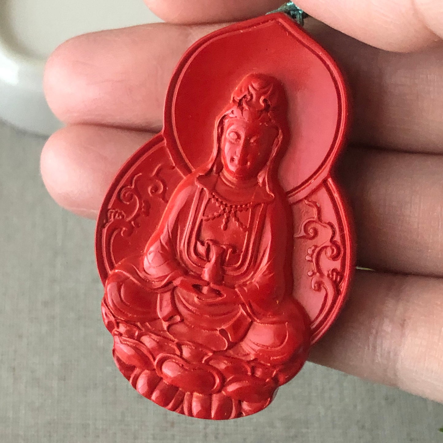 52.5 mm Cinnabar Carved Red Guanyin Pendant NOT JADE