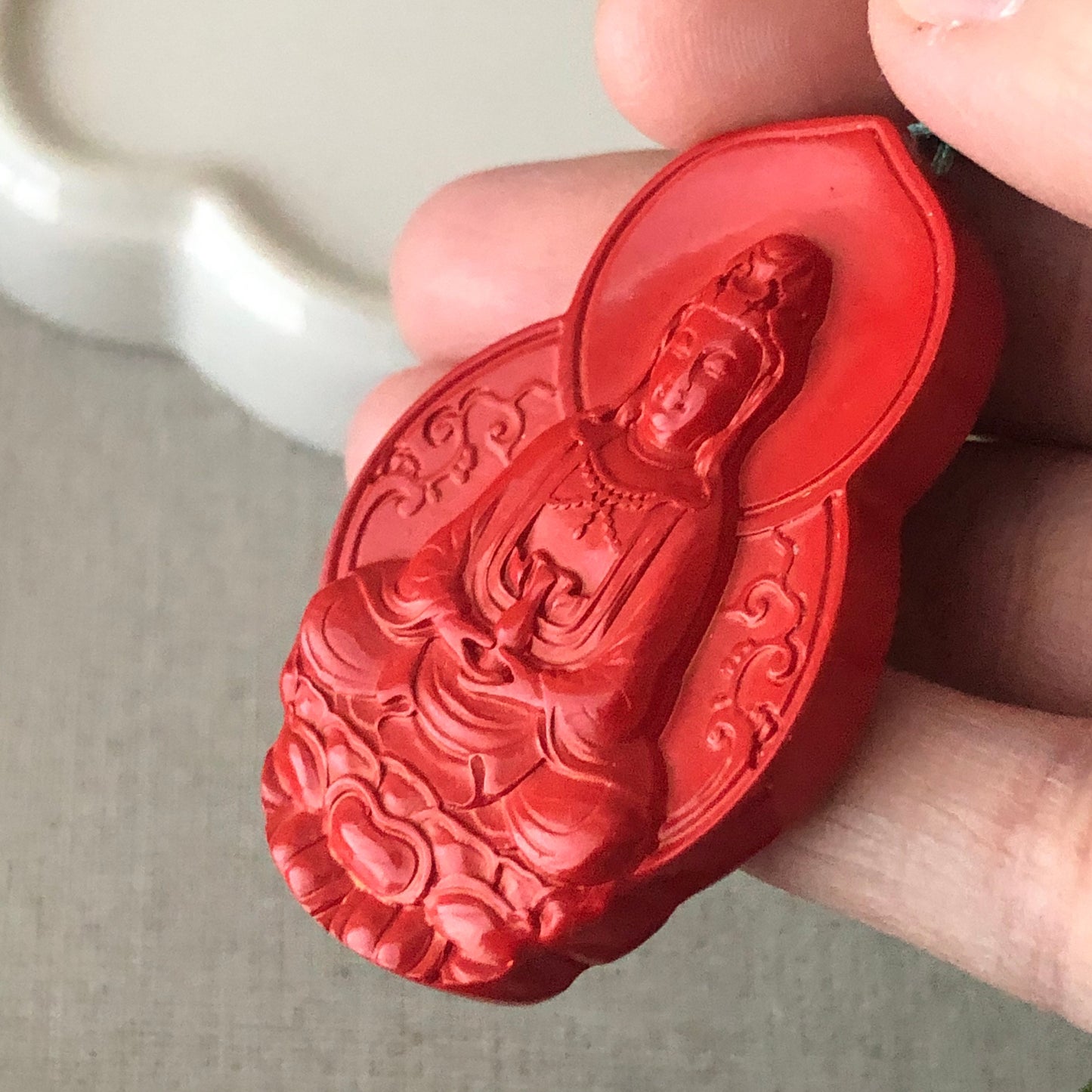 52.5 mm Cinnabar Carved Red Guanyin Pendant NOT JADE