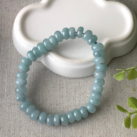 8 mm Jadeite Jade Blue Green Float Flowers Flat Bead Bracelet